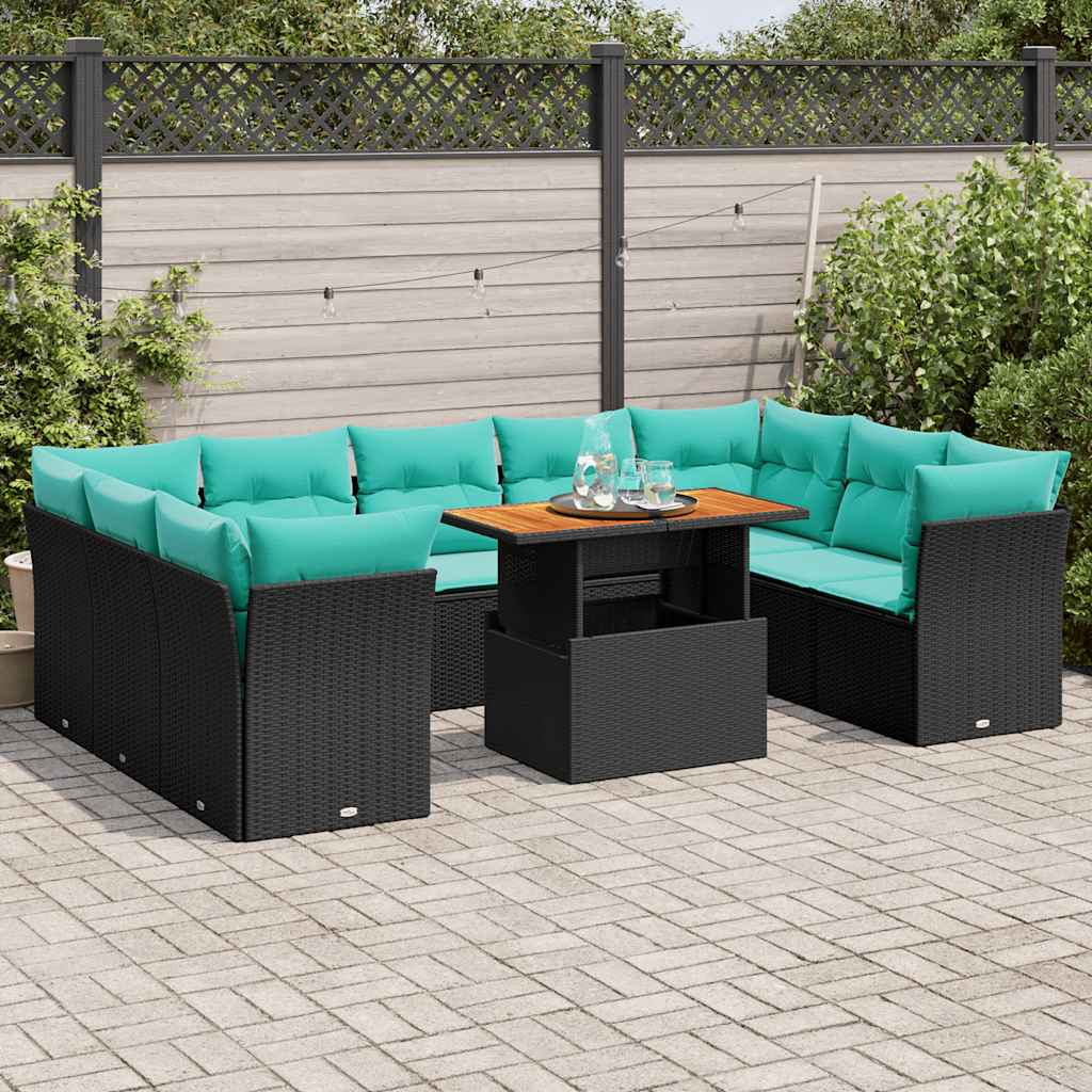 10-tlg. Garten-Sofagarnitur mit Kissen Schwarz Poly Rattan