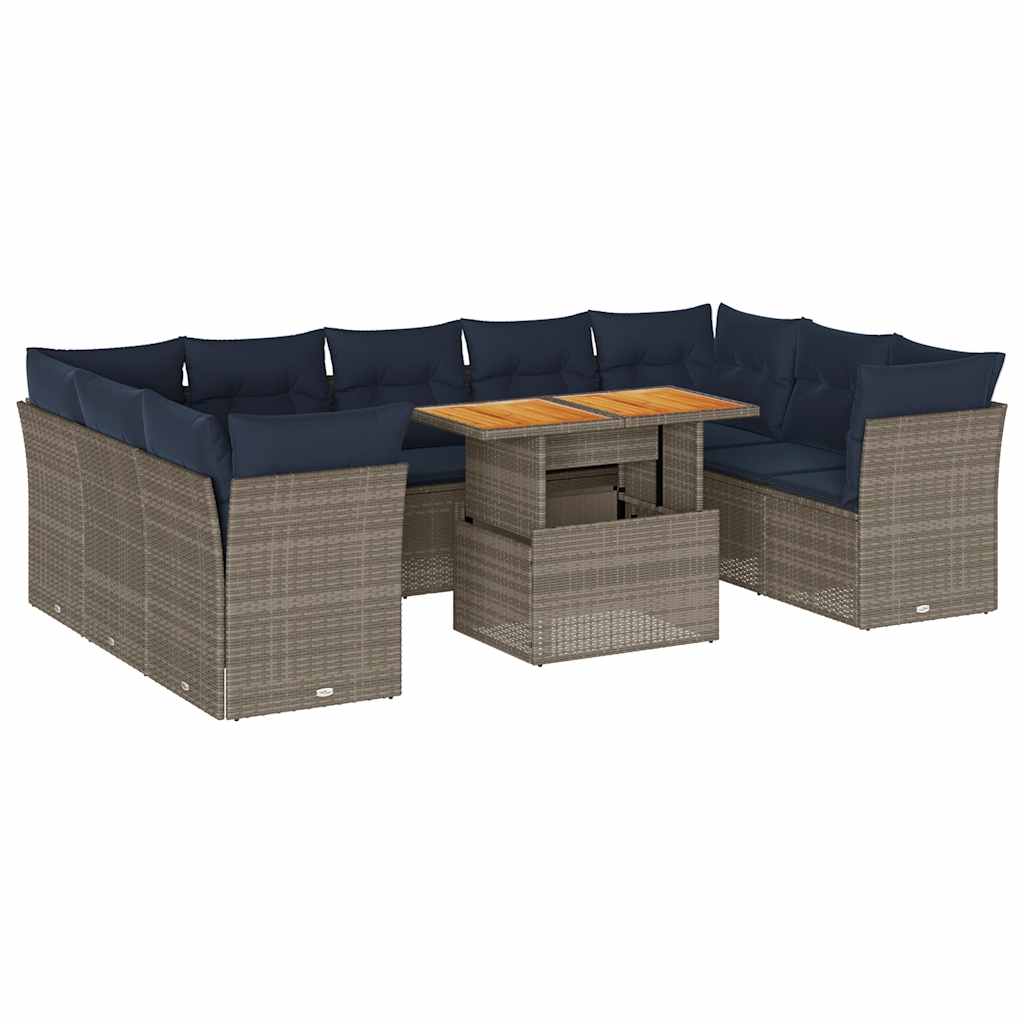 10-tlg. Garten-Sofagarnitur mit Kissen Grau Poly Rattan