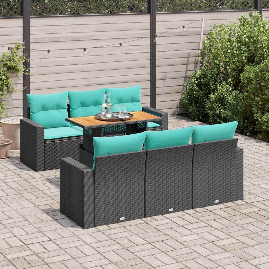 7-tlg. Garten-Sofagarnitur mit Kissen Schwarz Poly Rattan