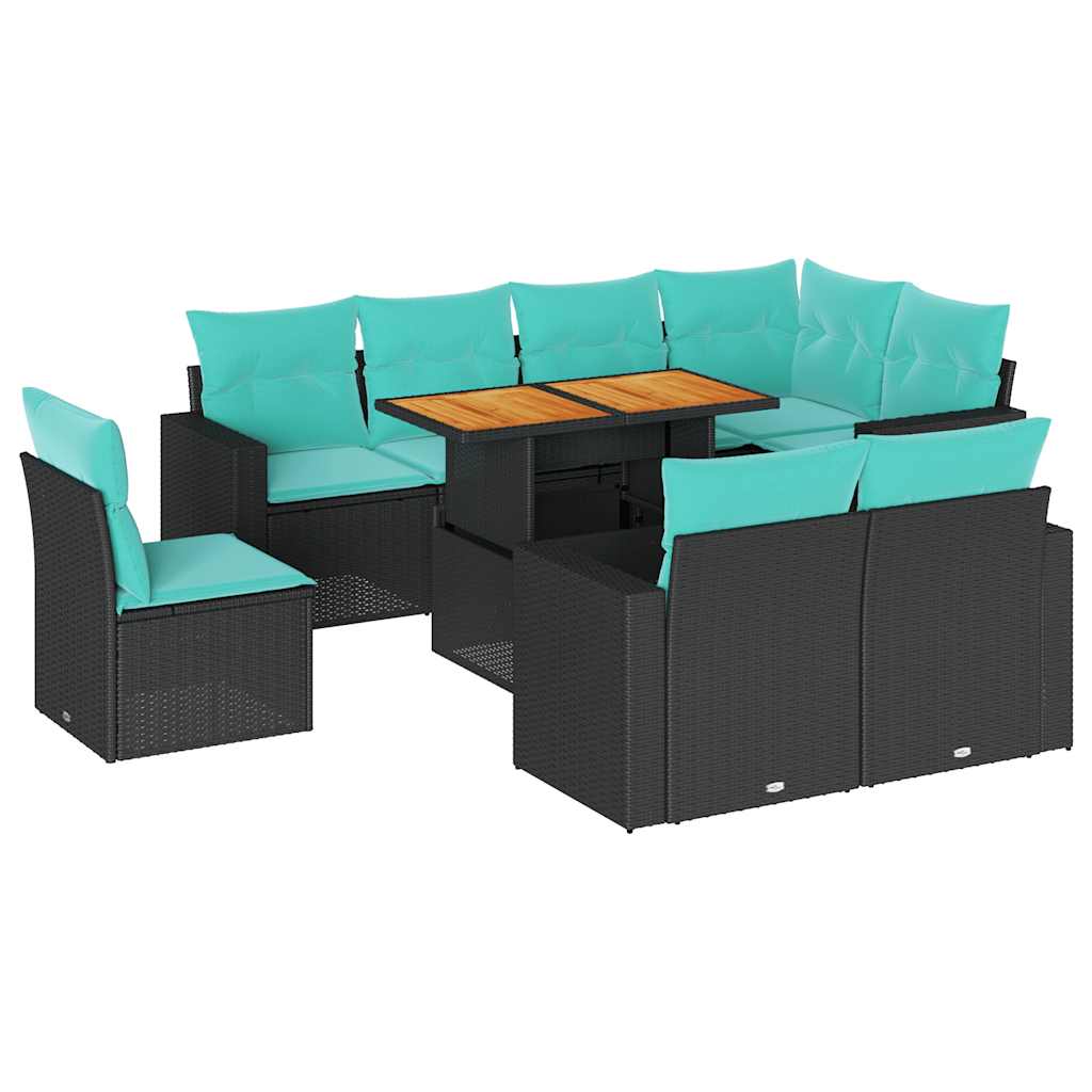 9-tlg. Garten-Sofagarnitur mit Kissen Schwarz Poly Rattan