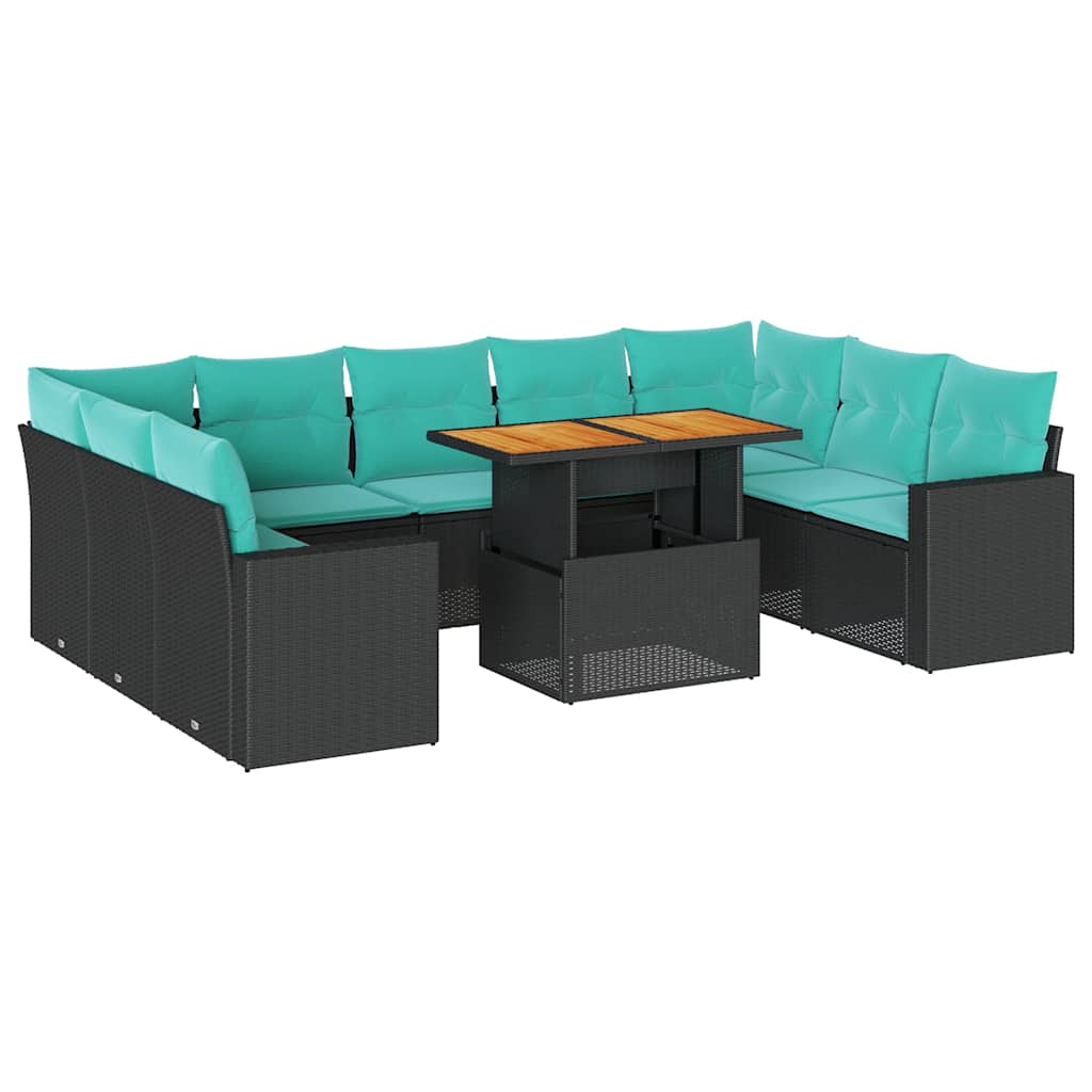 10-tlg. Garten-Sofagarnitur mit Kissen Schwarz Poly Rattan