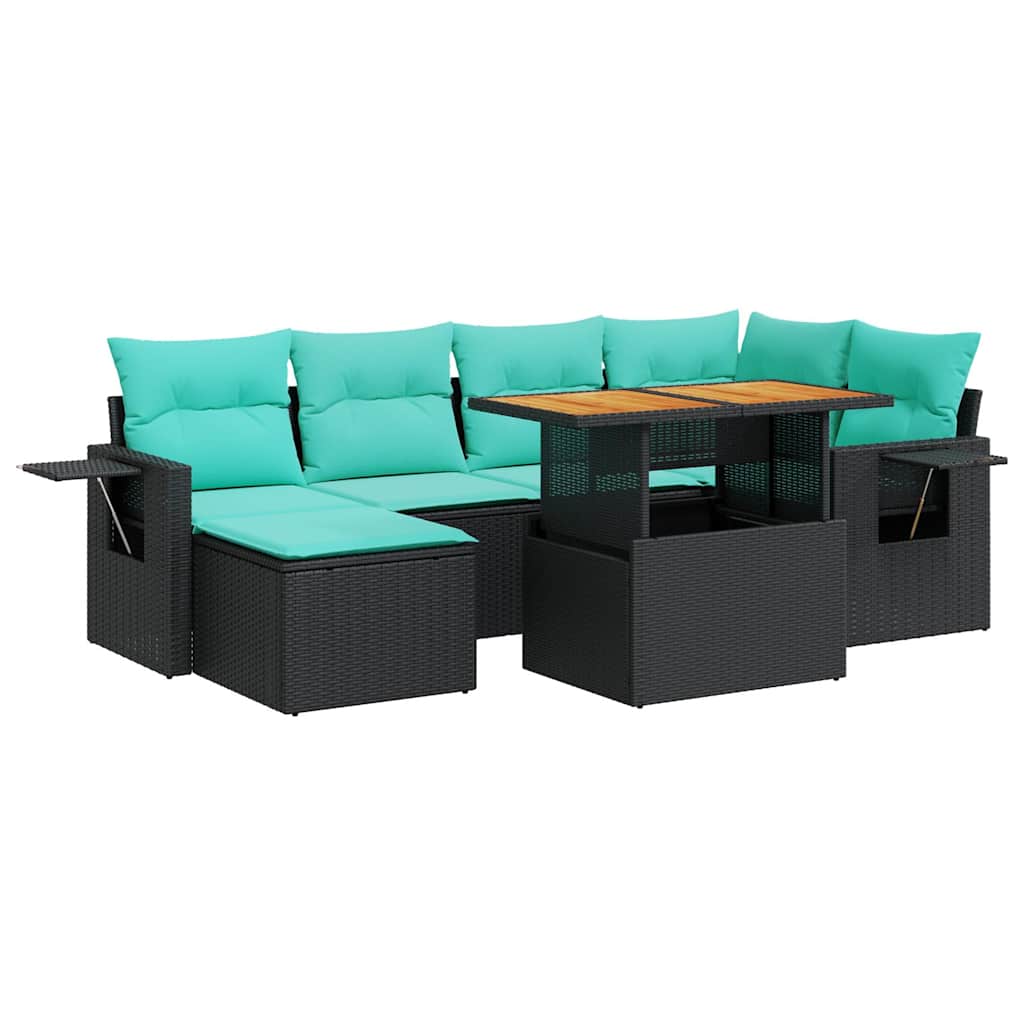 7-tlg. Garten-Sofagarnitur mit Kissen Schwarz Poly Rattan