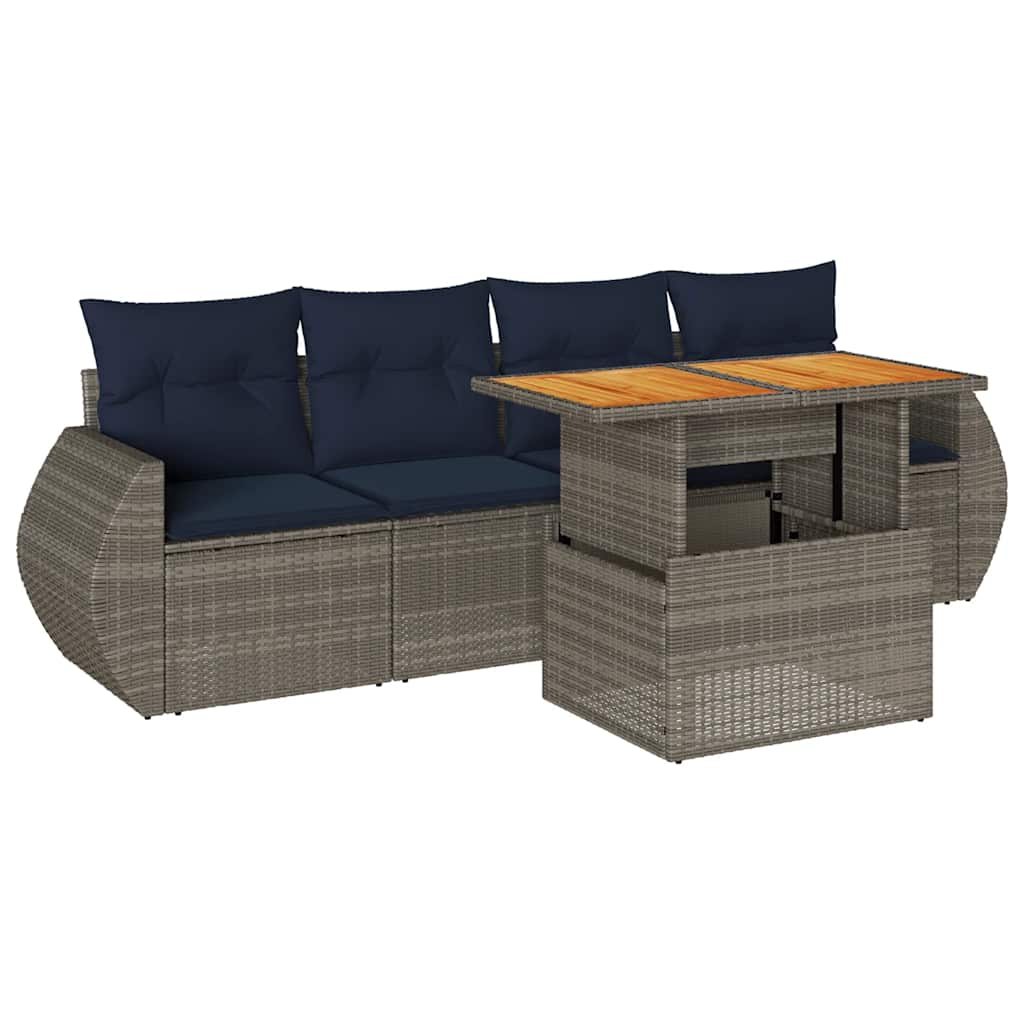 5-tlg. Garten-Sofagarnitur mit Kissen Grau Poly Rattan