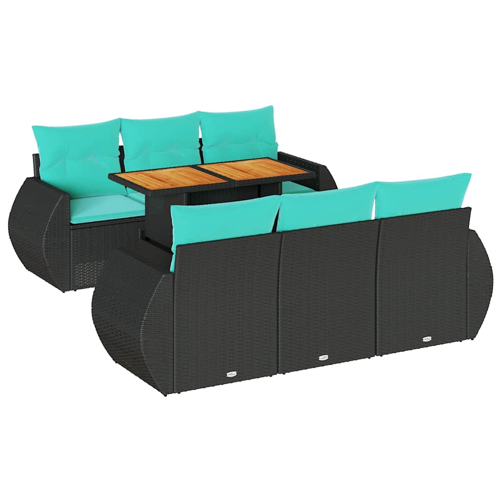 7-tlg. Garten-Sofagarnitur mit Kissen Schwarz Poly Rattan
