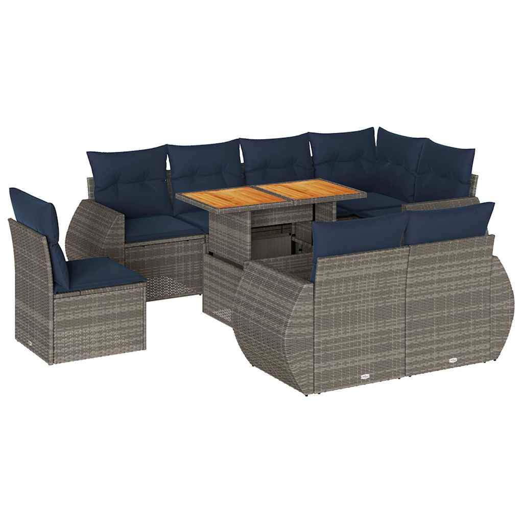 9-tlg. Garten-Sofagarnitur mit Kissen Grau Poly Rattan