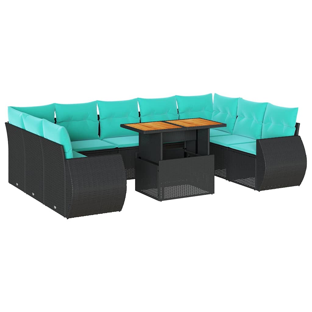 10-tlg. Garten-Sofagarnitur mit Kissen Schwarz Poly Rattan
