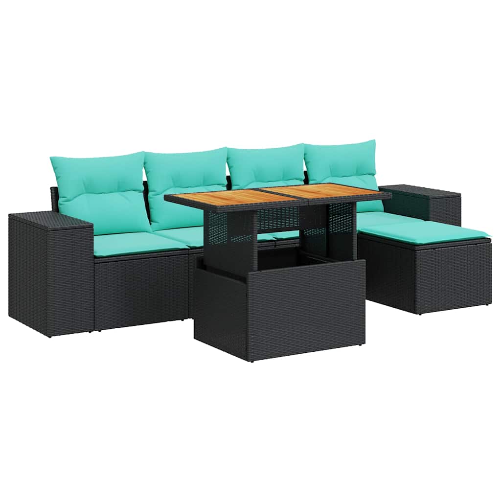 6-tlg. Garten-Sofagarnitur mit Kissen Schwarz Poly Rattan