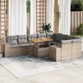 10-tlg. Garten-Sofagarnitur mit Kissen Beige Poly Rattan Akazie