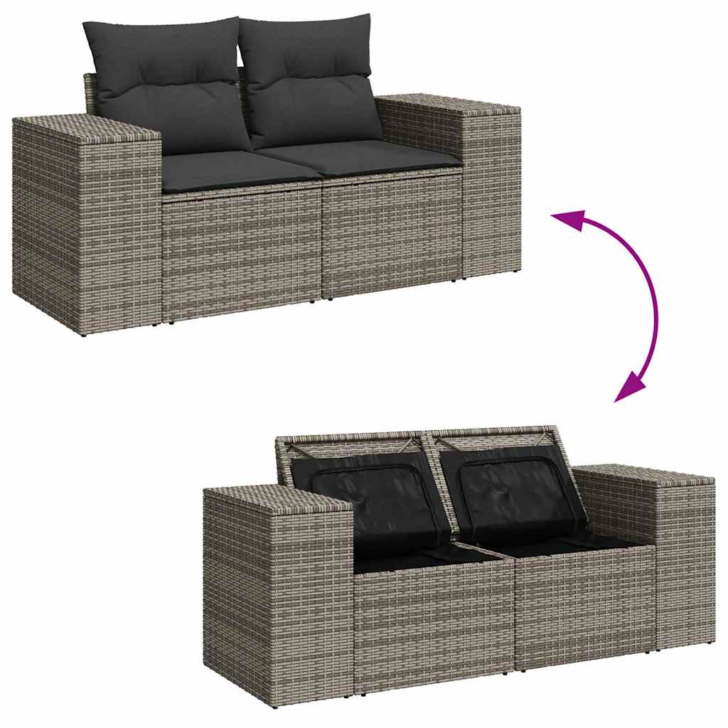 10-tlg. Garten-Sofagarnitur mit Kissen Grau Poly Rattan Akazie
