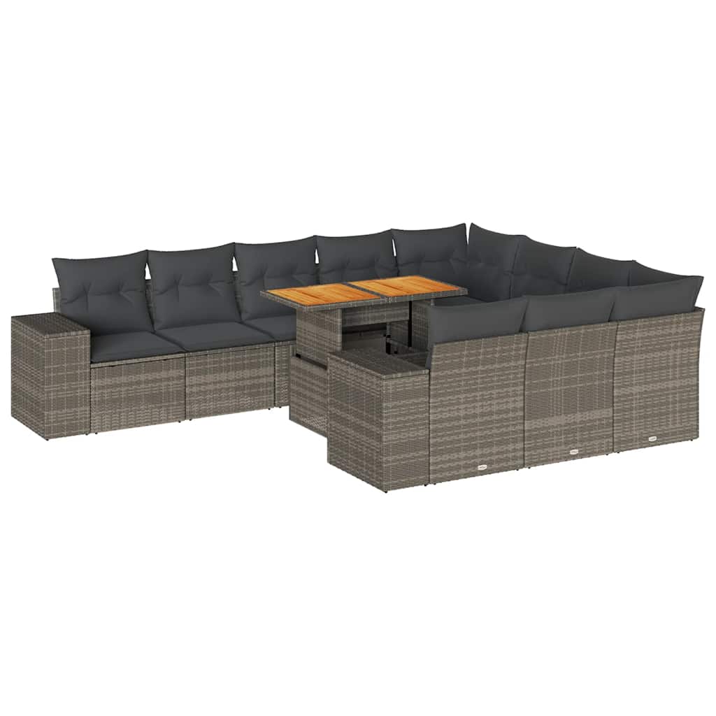 10-tlg. Garten-Sofagarnitur mit Kissen Grau Poly Rattan Akazie