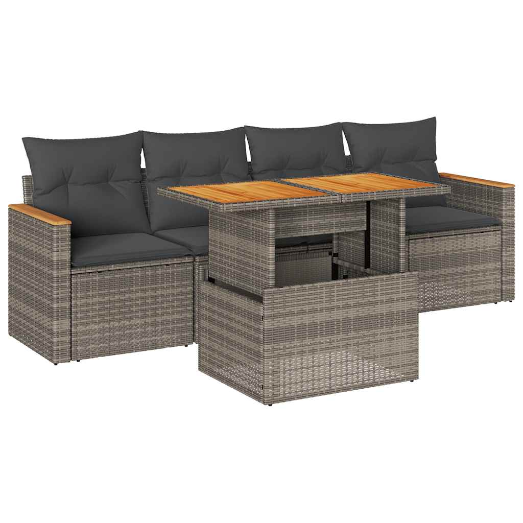 5-tlg. Garten-Sofagarnitur mit Kissen Grau Poly Rattan Akazie