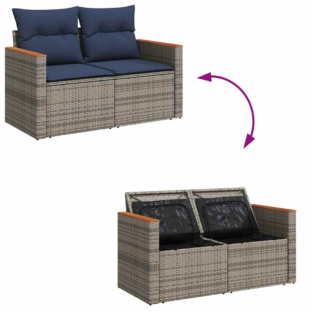9-tlg. Garten-Sofagarnitur mit Kissen Grau Poly Rattan