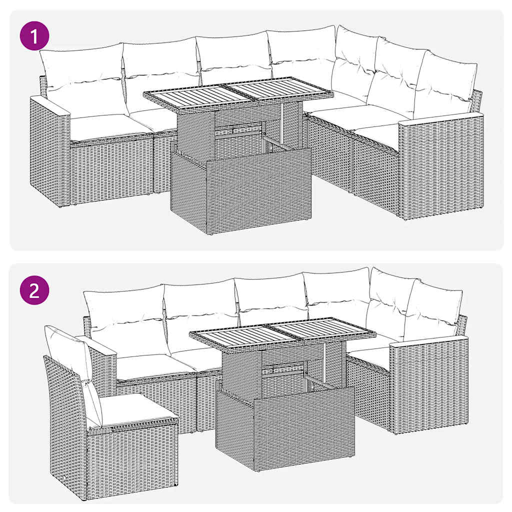 7-tlg. Garten-Sofagarnitur mit Kissen Grau Poly Rattan Akazie