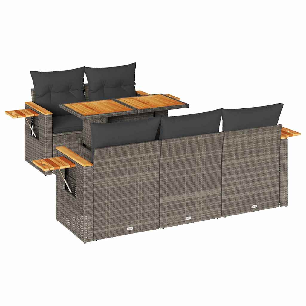 6-tlg. Garten-Sofagarnitur mit Kissen Grau Poly Rattan Akazie