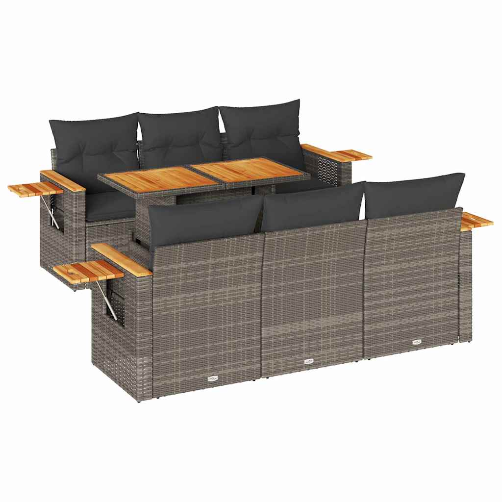 7-tlg. Garten-Sofagarnitur mit Kissen Grau Poly Rattan Akazie