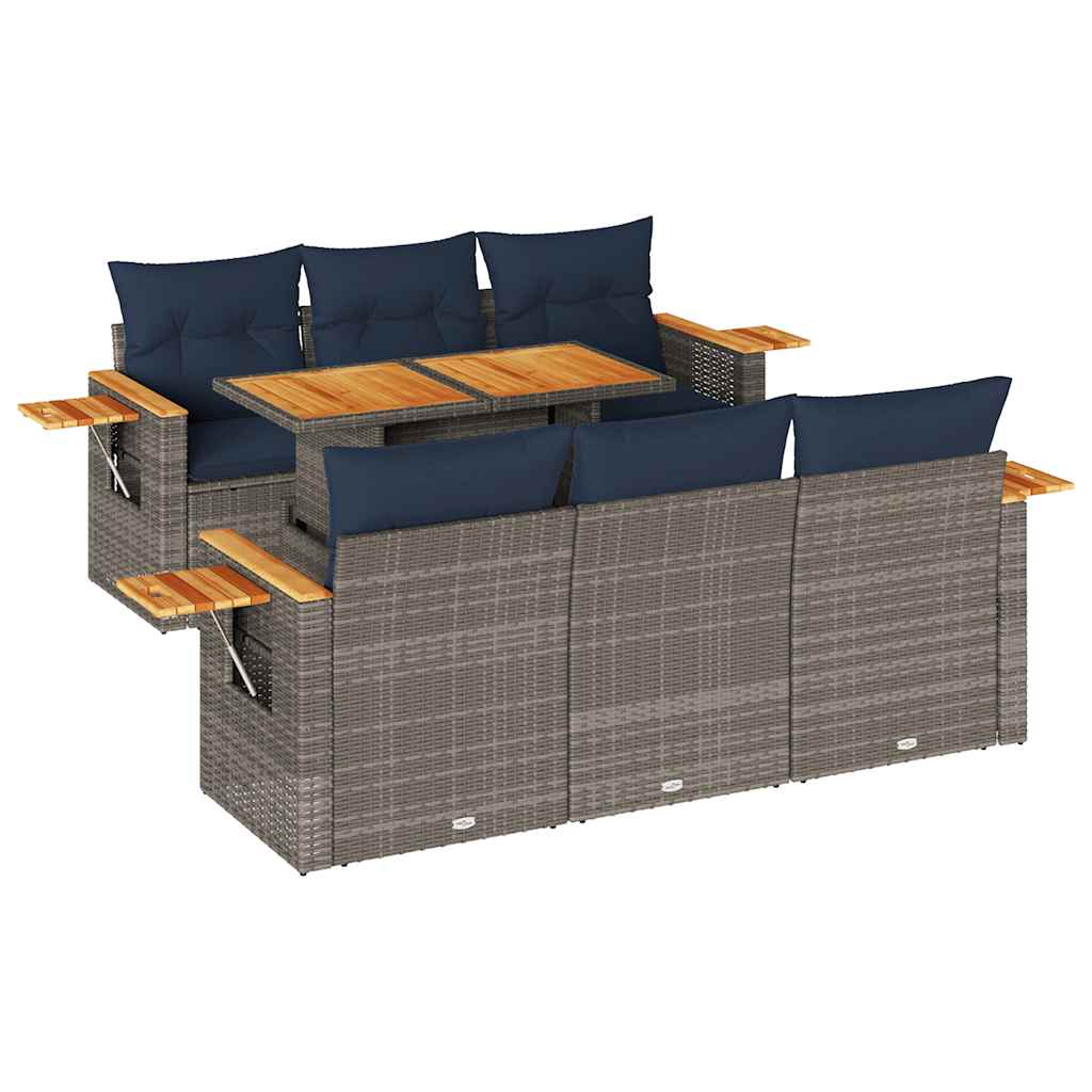 7-tlg. Garten-Sofagarnitur mit Kissen Grau Poly Rattan