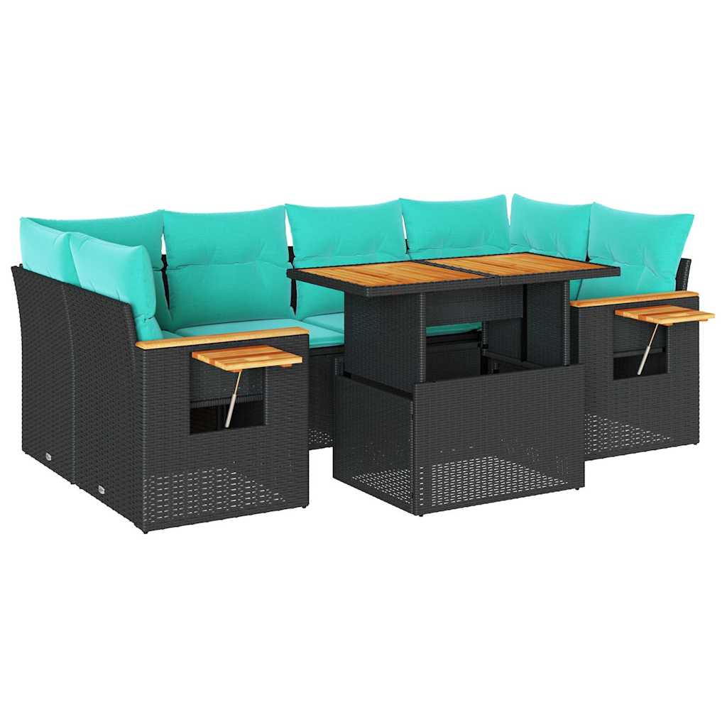 7-tlg. Garten-Sofagarnitur mit Kissen Schwarz Poly Rattan