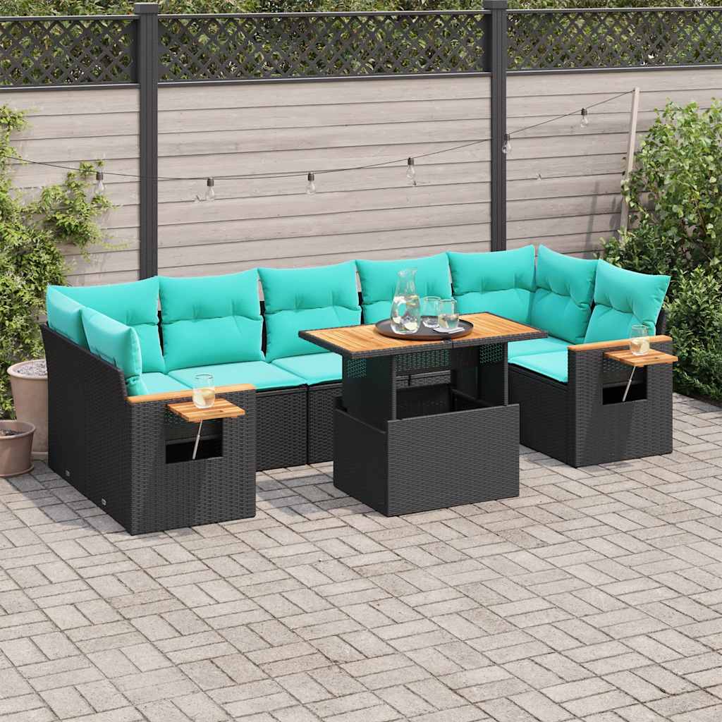 8-tlg. Garten-Sofagarnitur mit Kissen Schwarz Poly Rattan