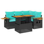 5tlg. Garten-Sofagarnitur mit Kissen Schwarz Poly Rattan Akazie