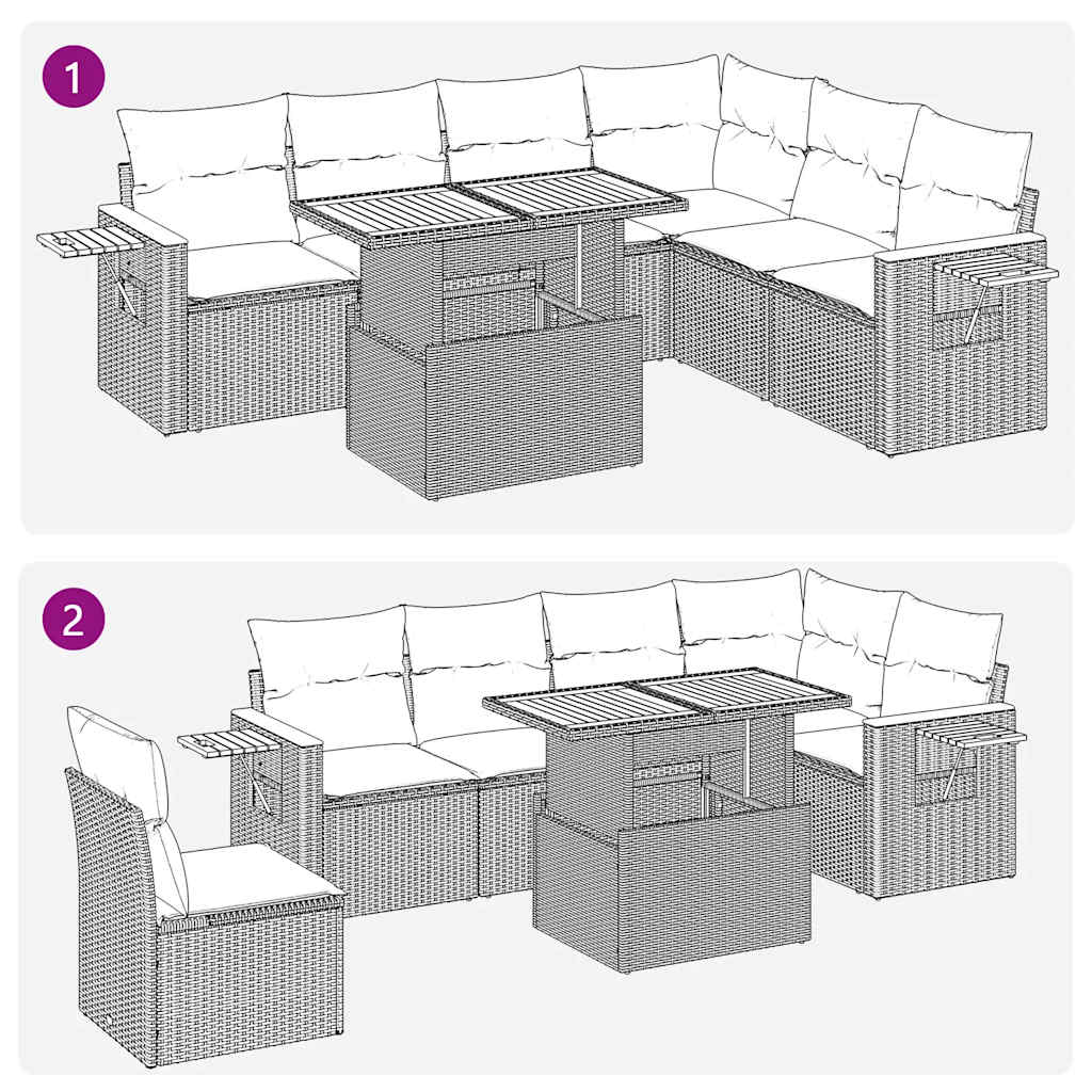 7-tlg. Garten-Sofagarnitur mit Kissen Beige Poly Rattan Akazie