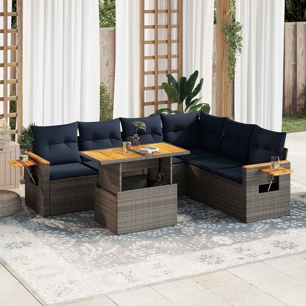 7-tlg. Garten-Sofagarnitur mit Kissen Grau Poly Rattan Akazie