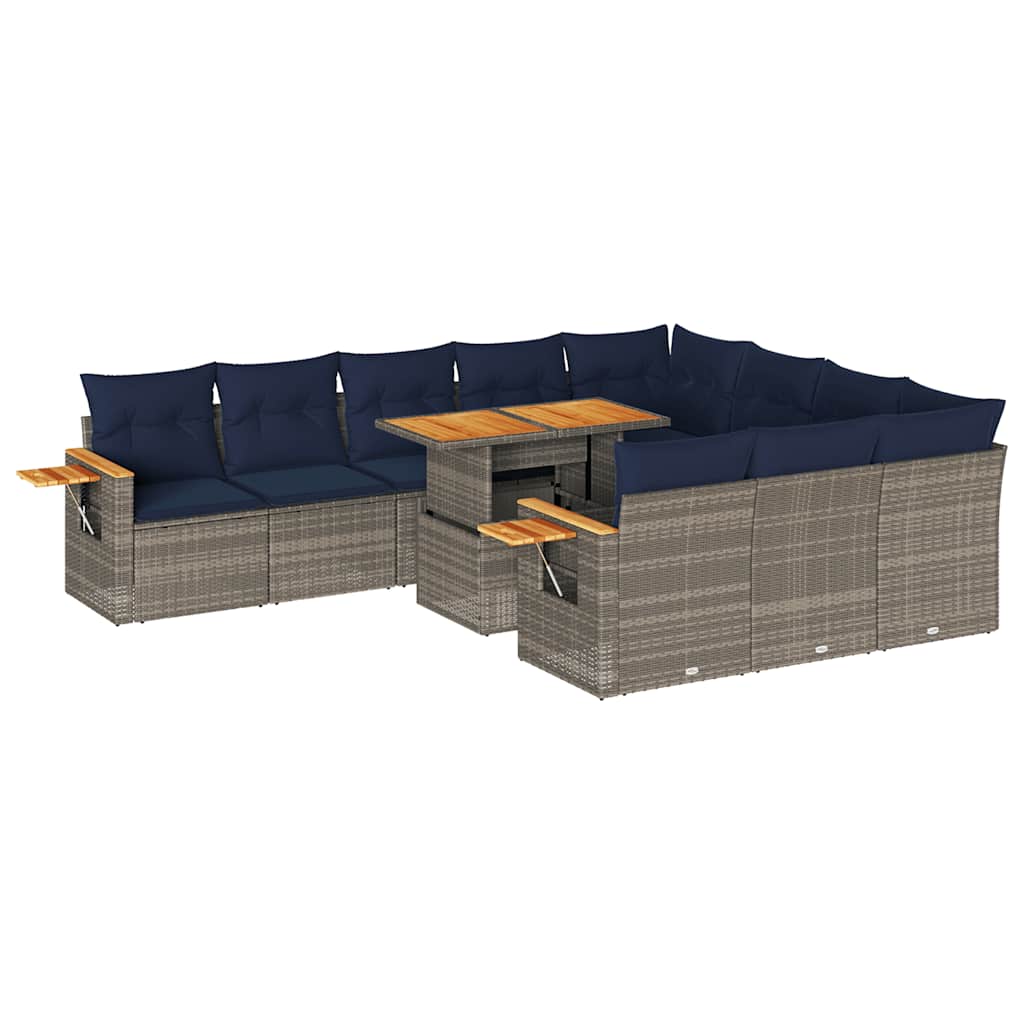 11-tlg. Garten-Sofagarnitur mit Kissen Grau Poly Rattan Akazie