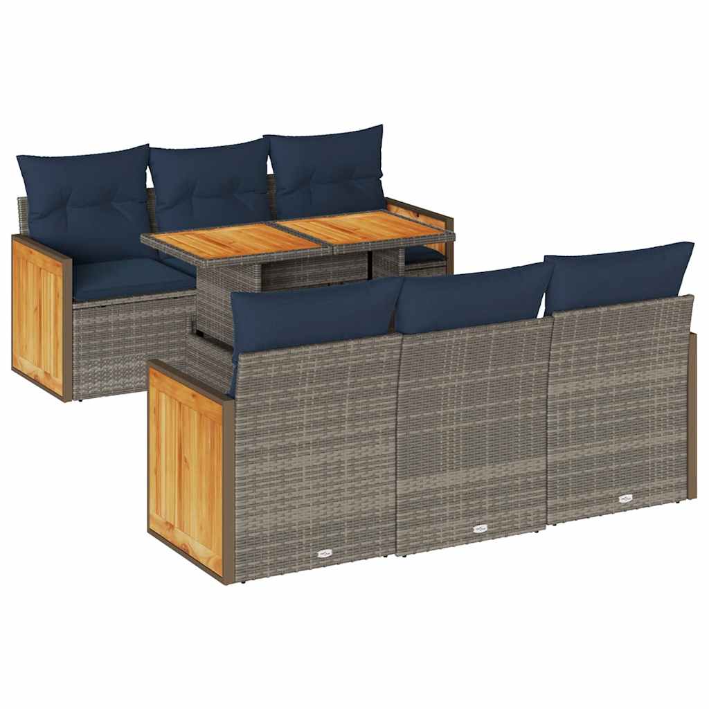 7-tlg. Garten-Sofagarnitur mit Kissen Grau Poly Rattan Akazie