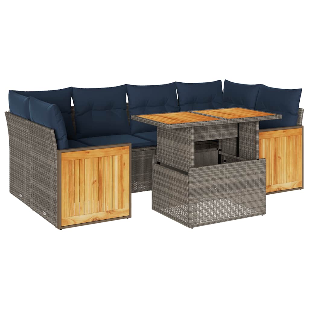 7-tlg. Garten-Sofagarnitur mit Kissen Grau Poly Rattan Akazie