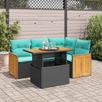 5tlg. Garten-Sofagarnitur mit Kissen Schwarz Poly Rattan Akazie