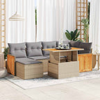 7-tlg. Garten-Sofagarnitur mit Kissen Beige Poly Rattan Akazie