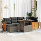 7-tlg. Garten-Sofagarnitur mit Kissen Grau Poly Rattan Akazie