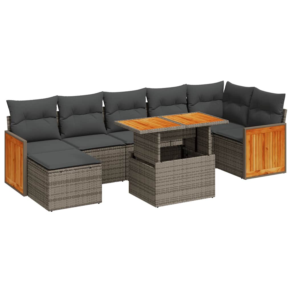 8-tlg. Garten-Sofagarnitur mit Kissen Grau Poly Rattan Akazie