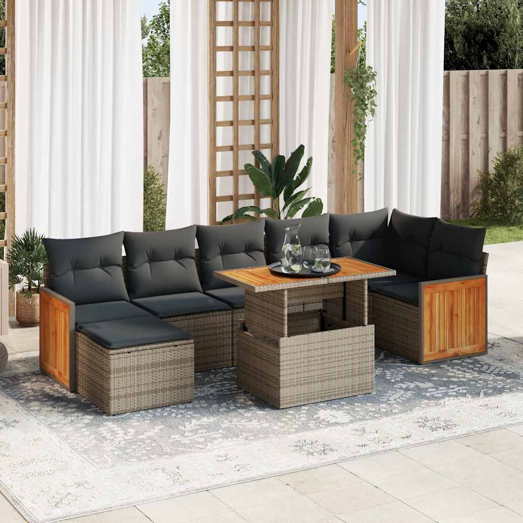 8-tlg. Garten-Sofagarnitur mit Kissen Grau Poly Rattan Akazie