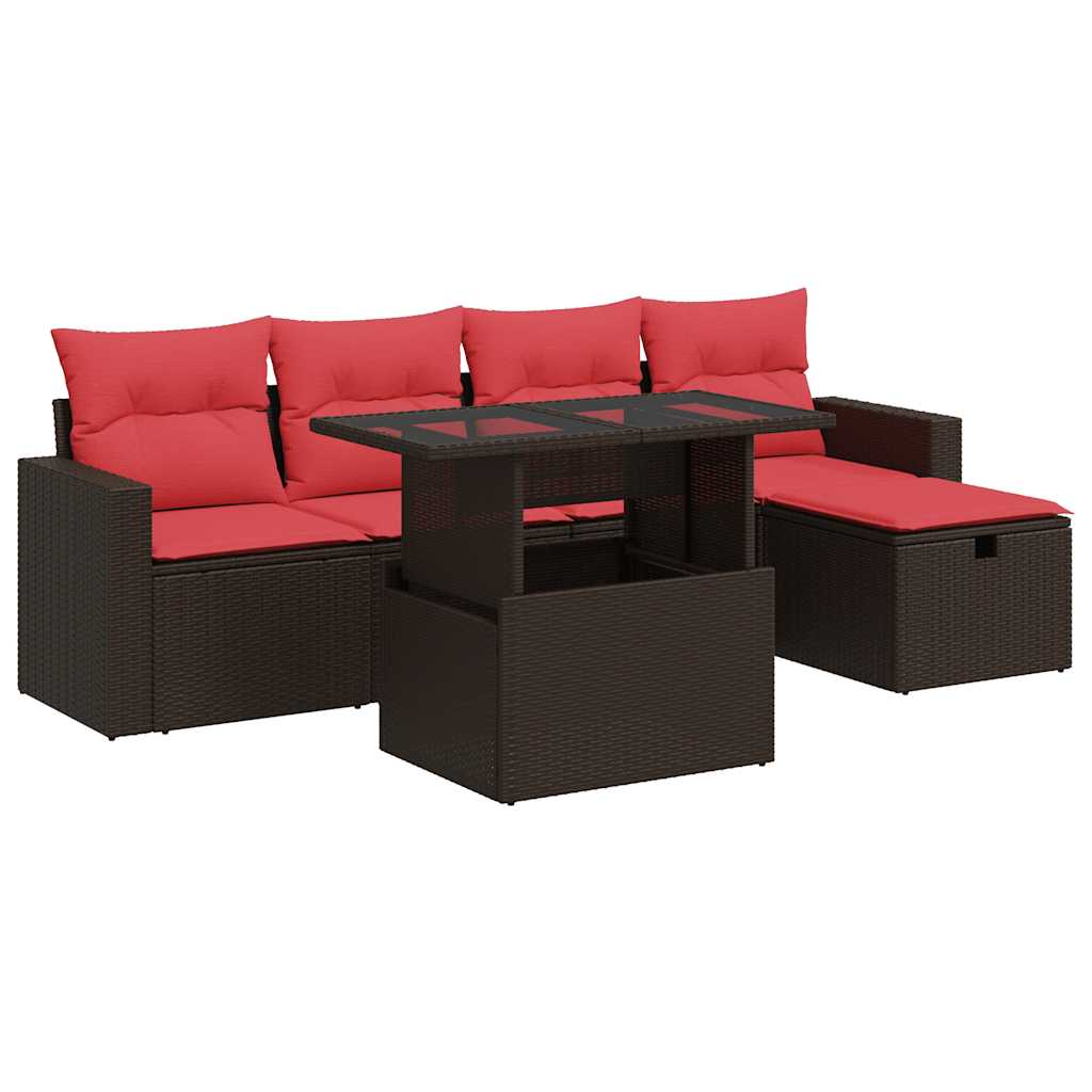 6-tlg. Garten-Sofagarnitur mit Kissen Braun Poly Rattan