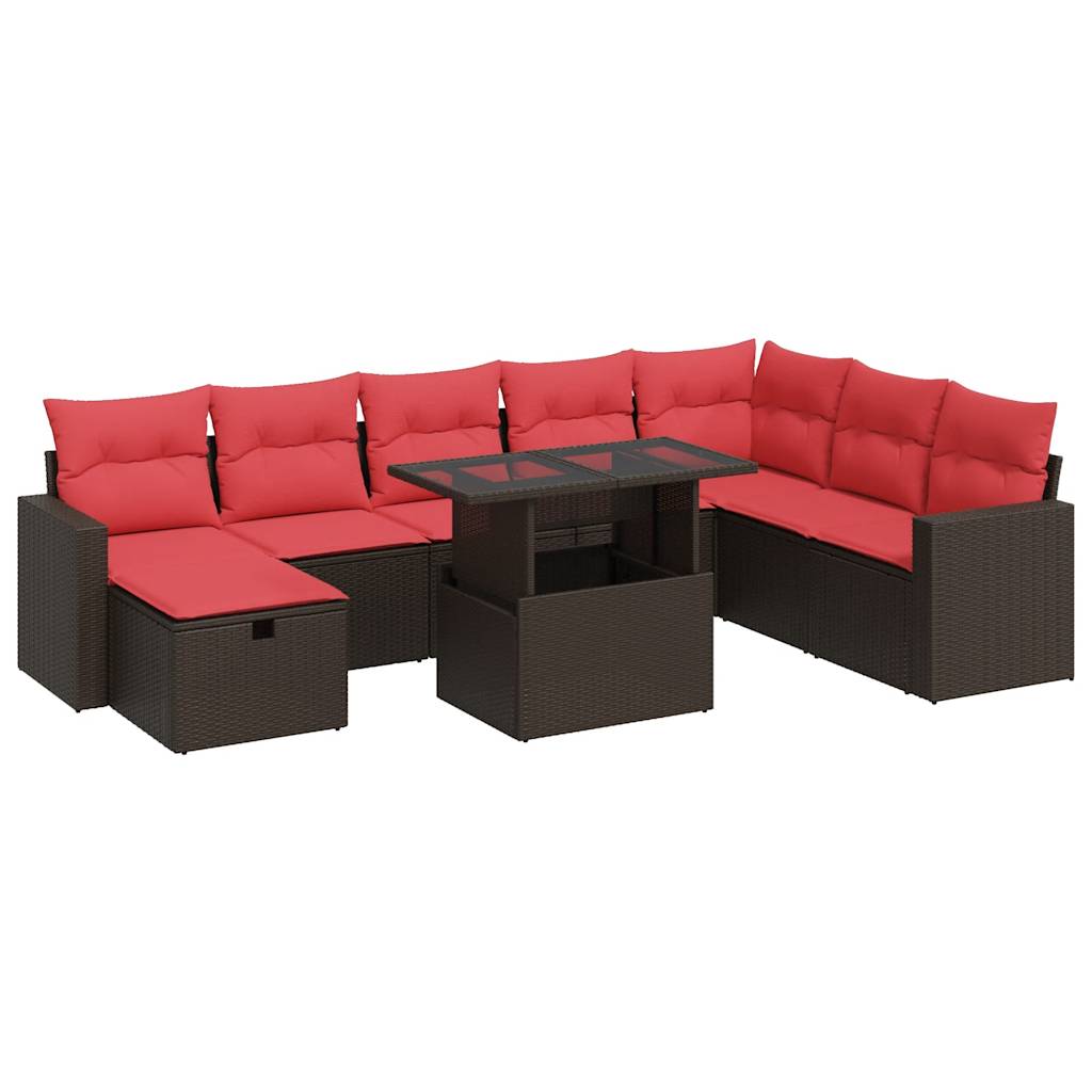 9-tlg. Garten-Sofagarnitur mit Kissen Braun Poly Rattan