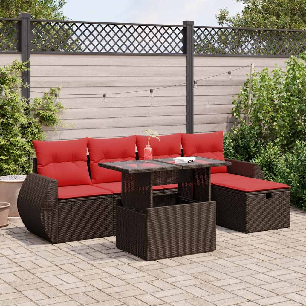6-tlg. Garten-Sofagarnitur mit Kissen Braun Poly Rattan