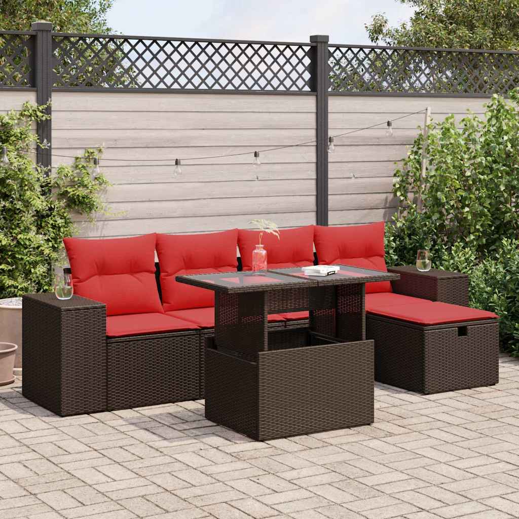 6-tlg. Garten-Sofagarnitur mit Kissen Braun Poly Rattan
