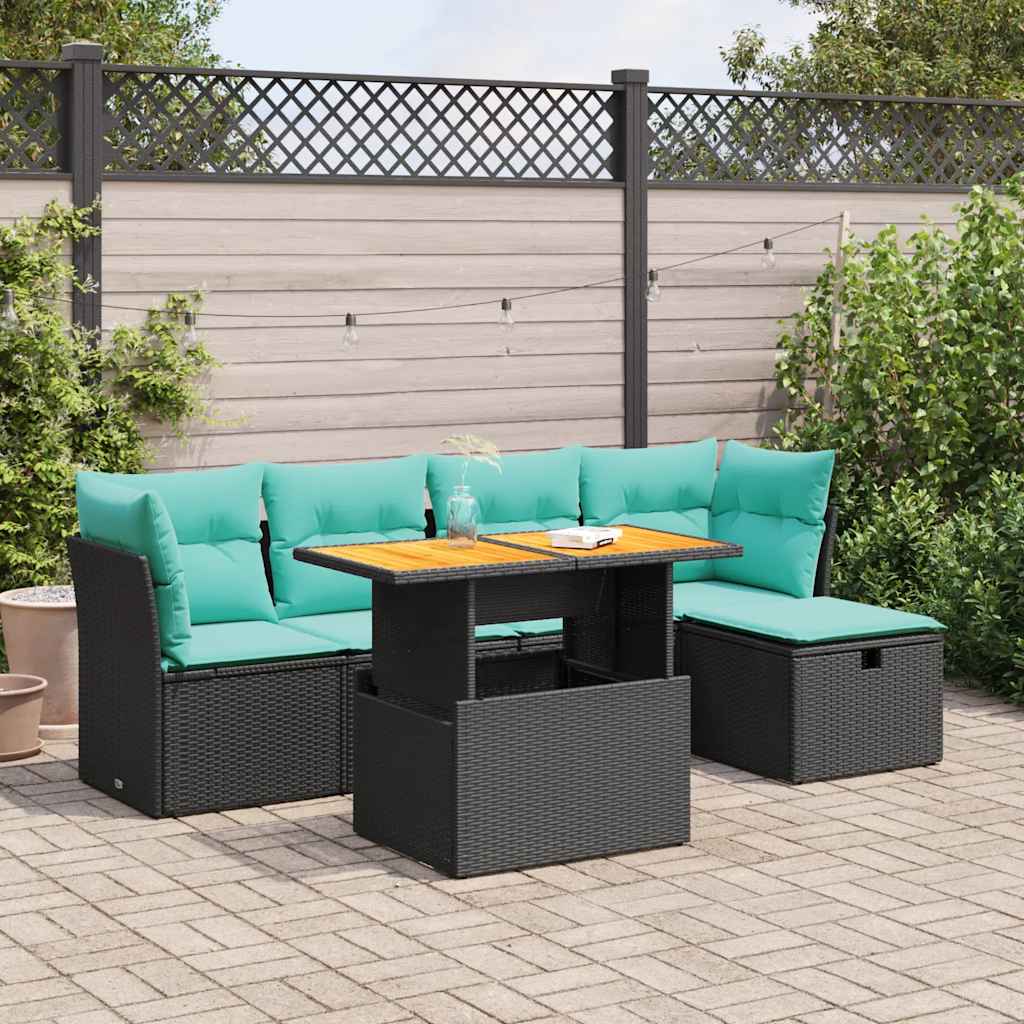 6-tlg. Garten-Sofagarnitur mit Kissen Schwarz Poly Rattan
