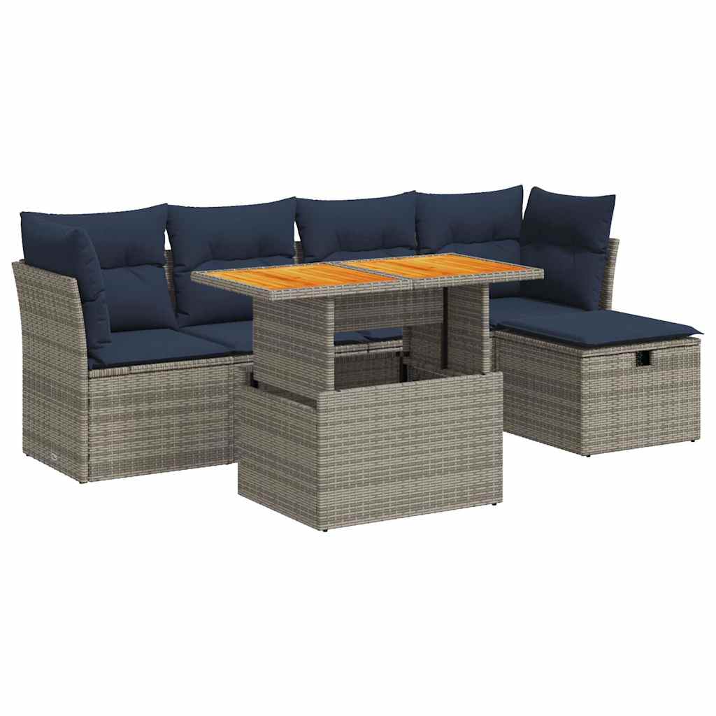 6-tlg. Garten-Sofagarnitur mit Kissen Grau Poly Rattan Akazie