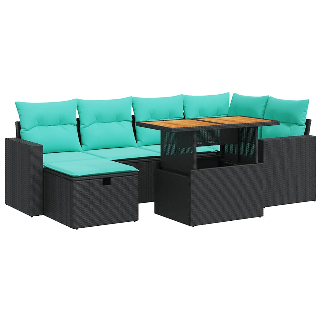 7-tlg. Garten-Sofagarnitur mit Kissen Braun Poly Rattan Akazie