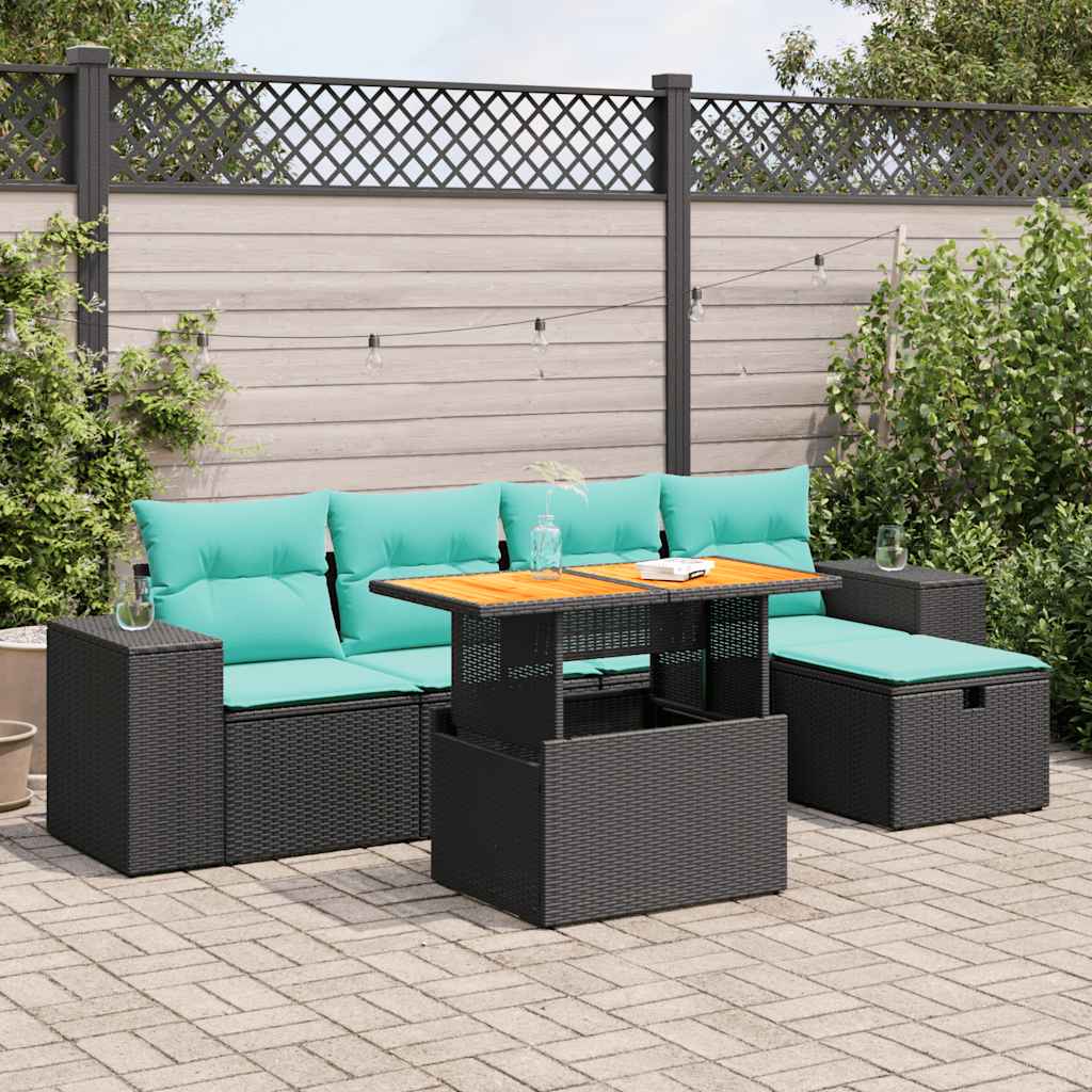 6-tlg. Garten-Sofagarnitur mit Kissen Braun Poly Rattan Akazie