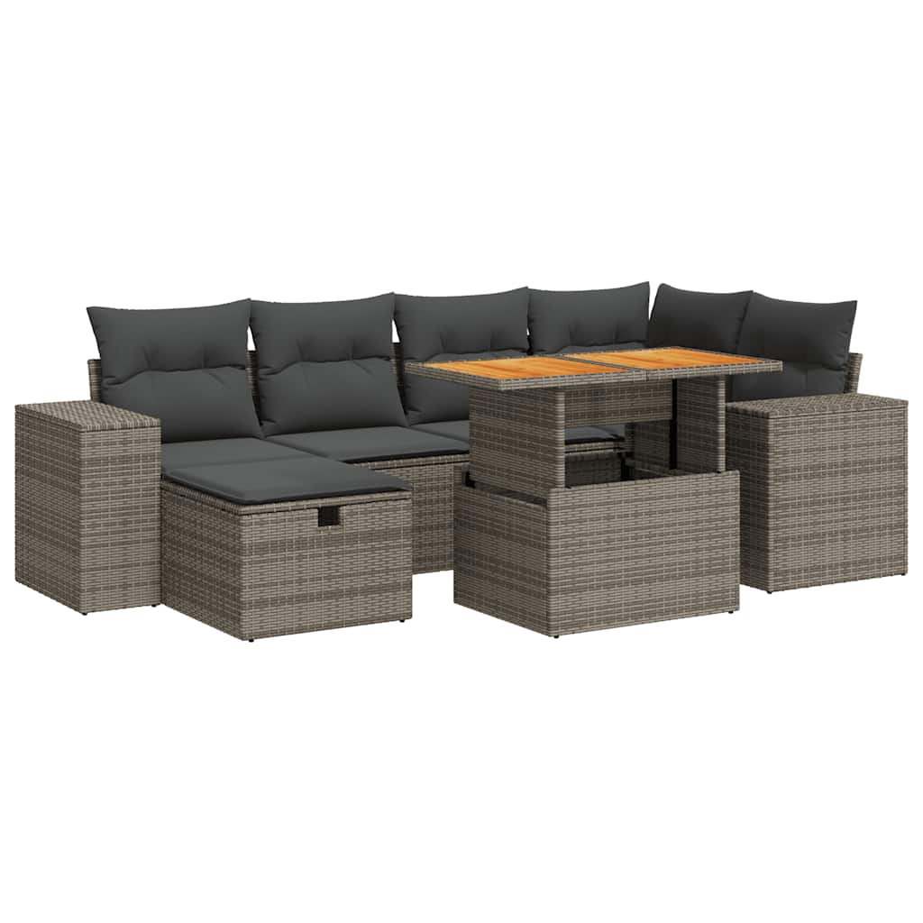 8-tlg. Garten-Sofagarnitur mit Kissen Grau Poly Rattan Akazie