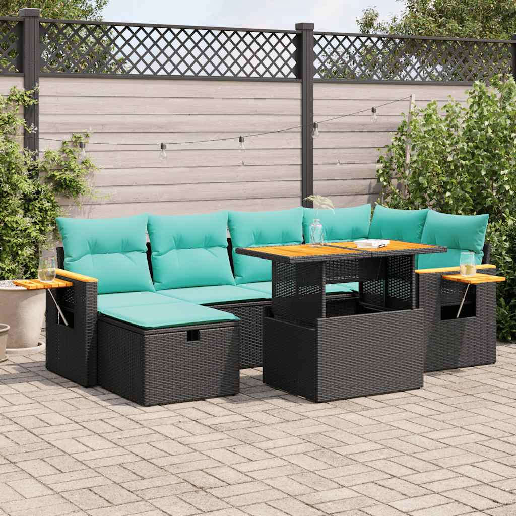 7-tlg. Garten-Sofagarnitur mit Kissen Braun Poly Rattan Akazie