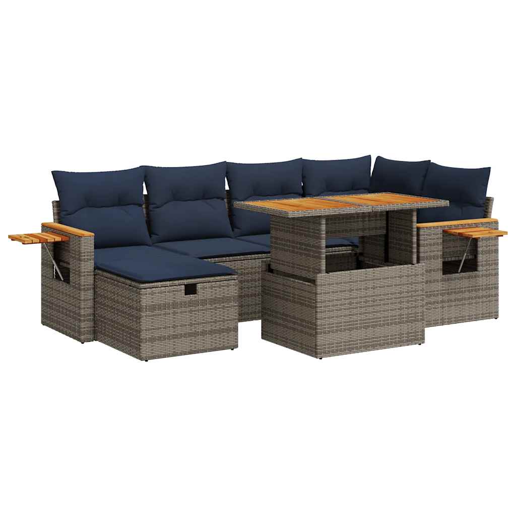 7-tlg. Garten-Sofagarnitur mit Kissen Grau Poly Rattan