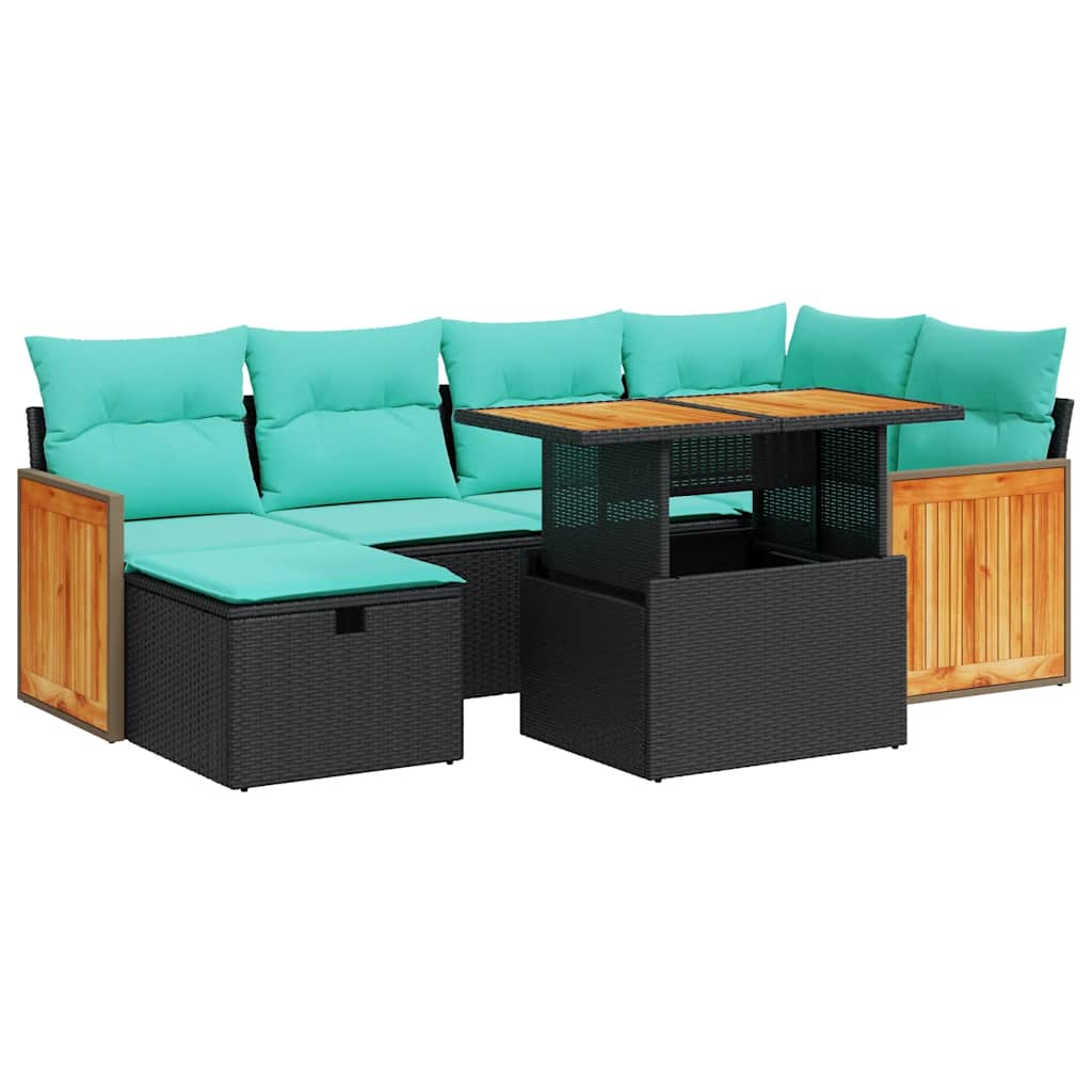 7-tlg. Garten-Sofagarnitur mit Kissen Braun Poly Rattan Akazie