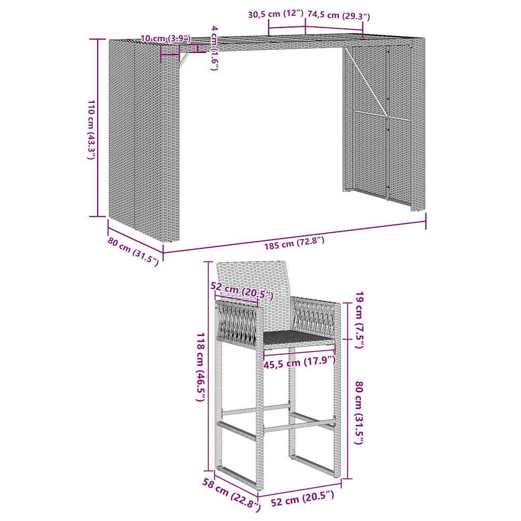 7-tlg. Gartenbar-Set ohne Kissen Grau Poly Rattan Akazie