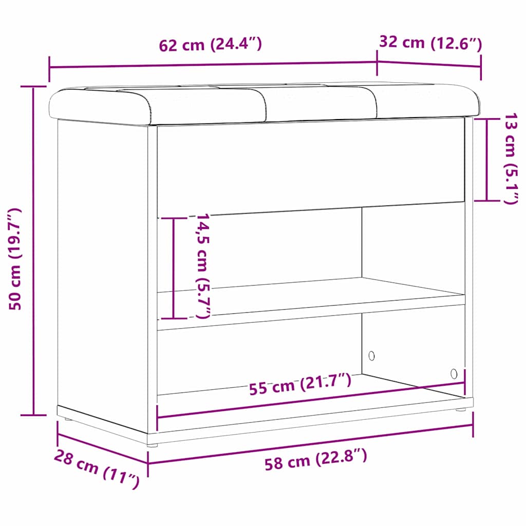 Sitzbank mit Stauraum Schwarz Eichen-Optik 62 x 32 x 50 cm