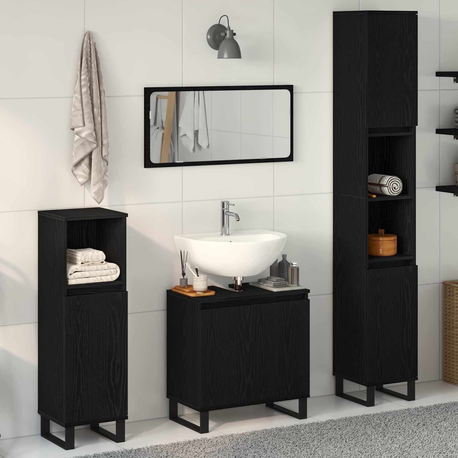 Badezimmermöbel-Set Wandmontiert 3 pcs Schwarz Eichen-Optik