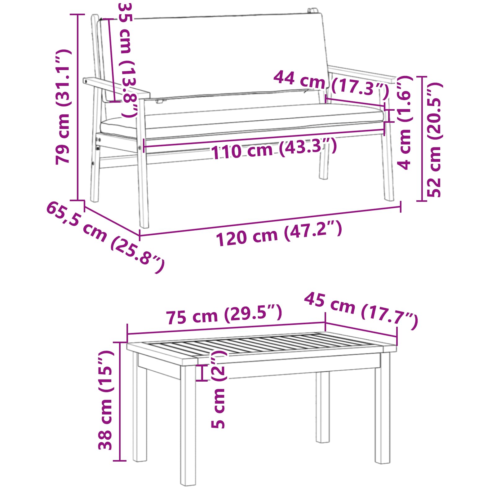 Gartensofa-set mit Kissen 2 pcs Anthrazit Massivholz Akazie