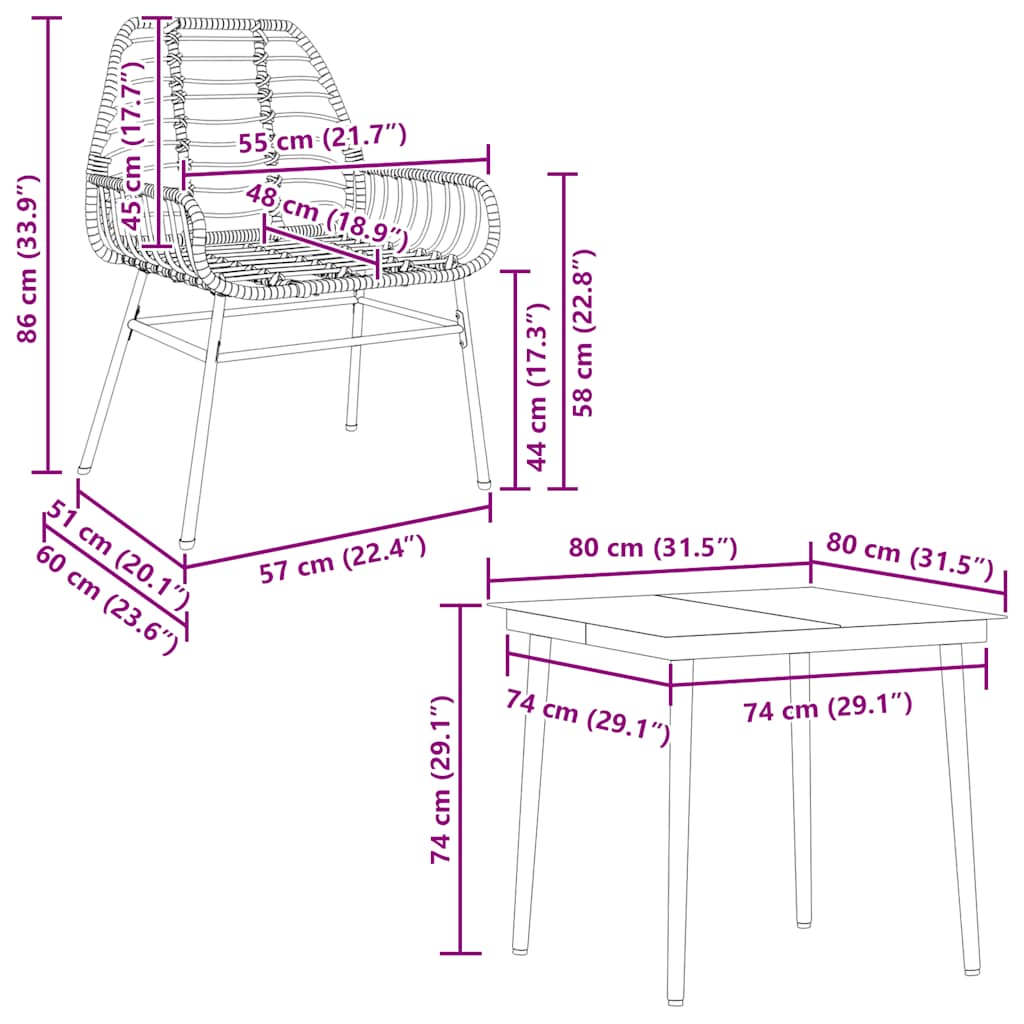 3-teiliges Garten-Esszimmer-Set Braunes Polyrattanglas